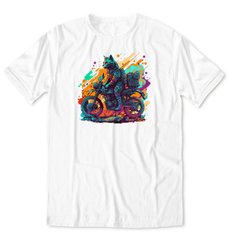 Cat on a motorcycle, white t-shirt, White, XS