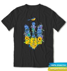 Ukrainian coat of arms with flowers and bird, t-shirt, Black, XS