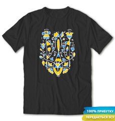 Coat of arms of Ukraine with flowers, t-shirt, Black, XS