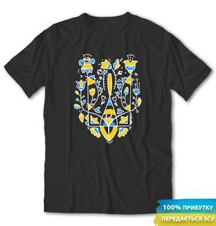 Coat of arms of Ukraine with flowers, t-shirt, Black, XS
